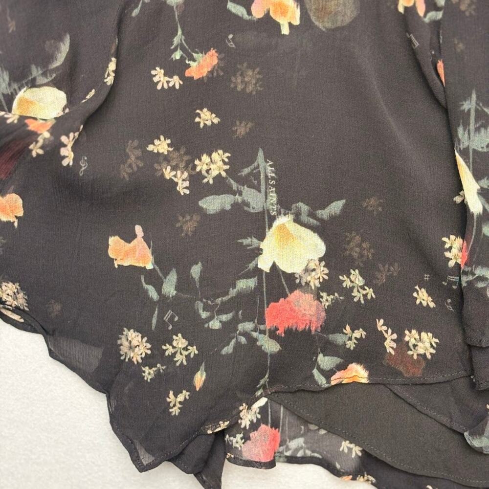 ALLSAINTS Erica Kora Asymmetric Hem Black Floral Tiered Mini Skirt Size 10 - Picture 6 of 13
